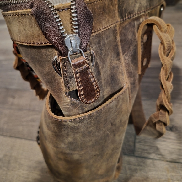 Distressed Leather Artisan Patterned Brown and Black Shoulder Bag - Picture 7 of 14